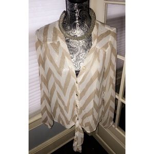Long Sleeve Button Down Beige Chevron Shirt